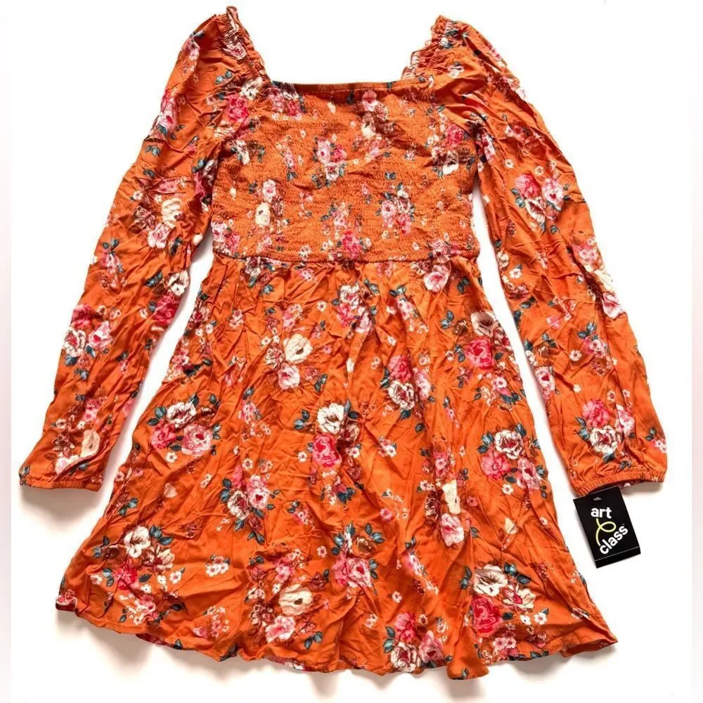Art Class Girls Sweet Potato Orange Floral Dress Size XL (14/16)